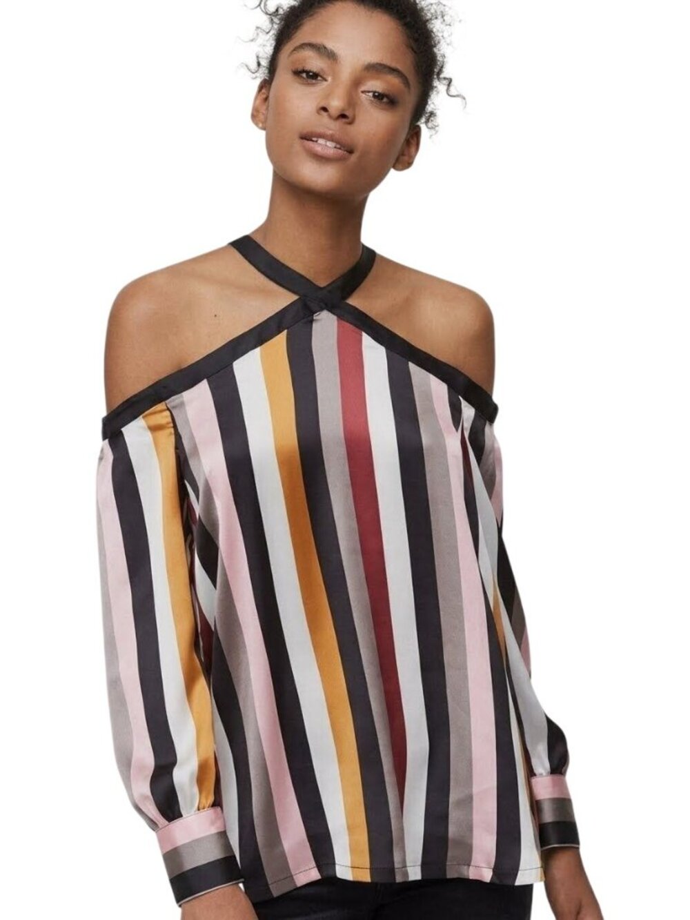 Loft Blouse Large Striped Cold Shoulder Long Sleeve Keyhole Back Multicolor NEW